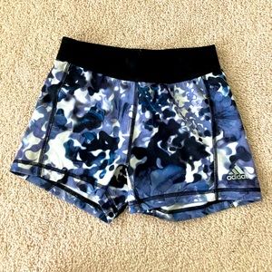 Slightly worn Adidas spandex shorts, 4” inseam, watercolor print